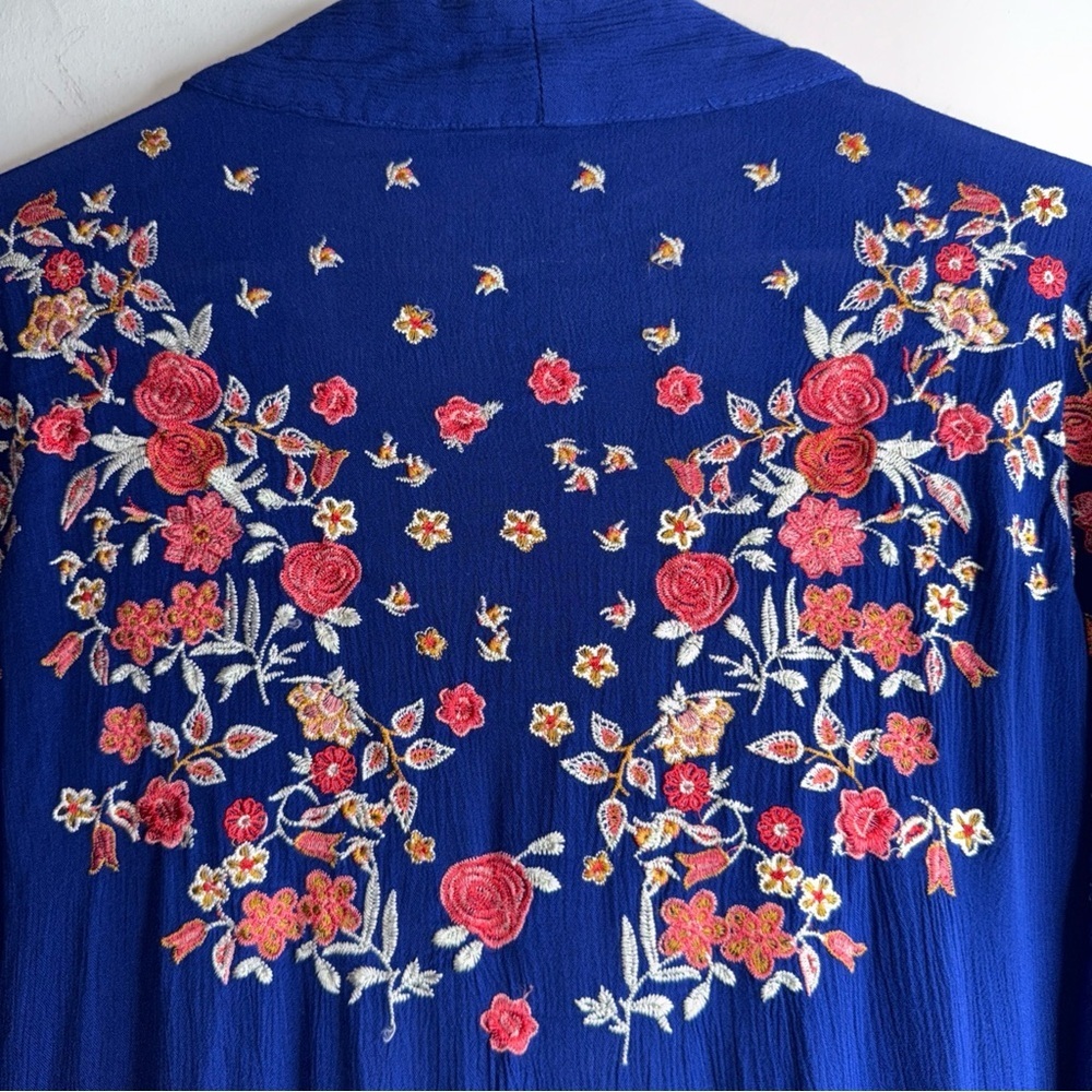 Floral Embroidered Blue Kimono with embroidery.  Reminiscent of Johnny Was - Picture 7 of 8